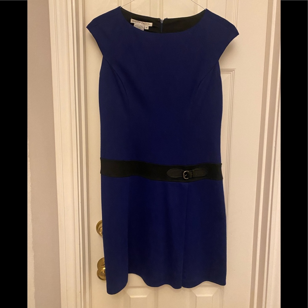 Maggy London precious and flirty blue belted dress